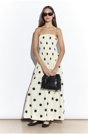 Cream Spot Shirred Dropped Waist Midi Dress