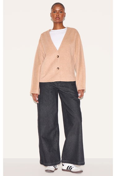 Mocha Wool Look Button Up V Neck Jacket