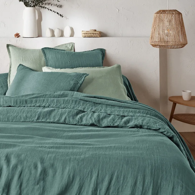 Green Washed Linen Fitted Sheet