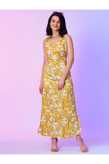 All-Over Floral Print Sleeveless Wrap A-Line Maxi Dress
