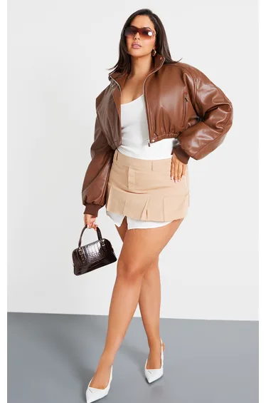Plus Brown Faux Leather Pocket Detail Ruched Hem Bomber Jacket