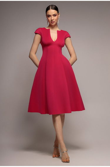 Goddiva Cap Sleeve Plunging V-Neckline A-line Midi Dress - Magenta