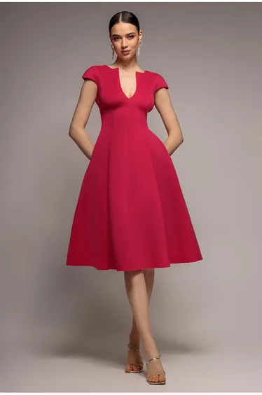 Goddiva Cap Sleeve Plunging V-Neckline A-line Midi Dress - Magenta