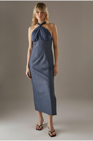 Cross Front Georgette And Marl Suiting Midaxi Dress