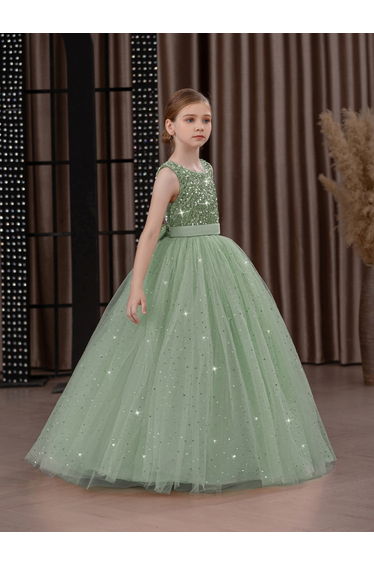 Girls Green Embellished Sleeveless Maxi Dress