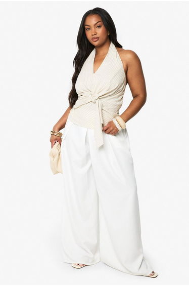 Plus Linen Stripe Halter Tie Front Top - stone