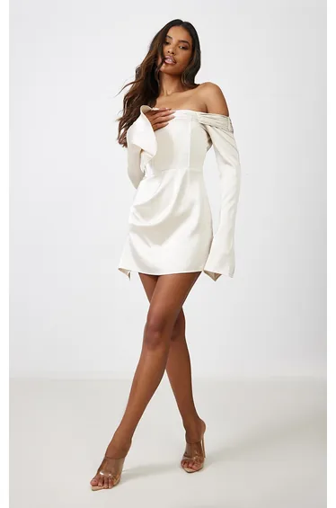 Champagne Satin Pleat Detail Bardot Flared Sleeve Bodycon Dress