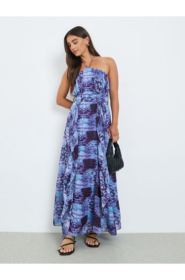 Women Blue Printed Sleeveless A-Line Maxi Dress