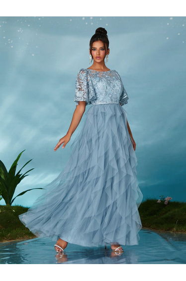 Leely Elegant Round Neck Flounce Sleeve Party Dress