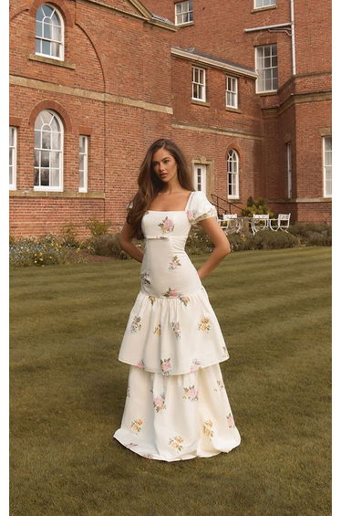 Cream Floral Printed Cotton Tiered Maxi Dress