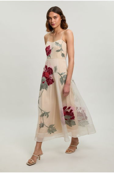 Floral Embroidered Organza Bandeau Dress