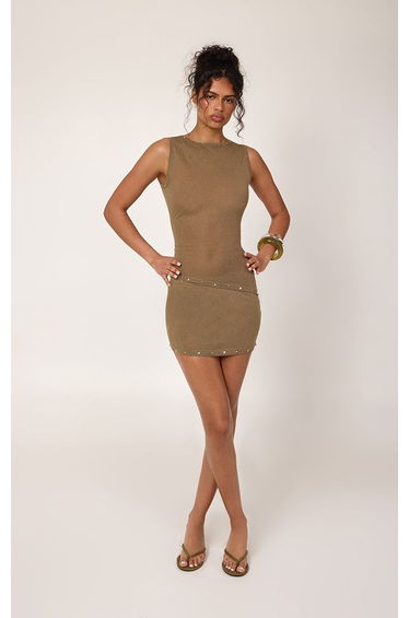 Dark Khaki Studded Detail Sheer Knit Mini Skirt