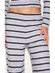 Grey Brushed Rib Striped Mid Rise Wide Leg Trousers - 3