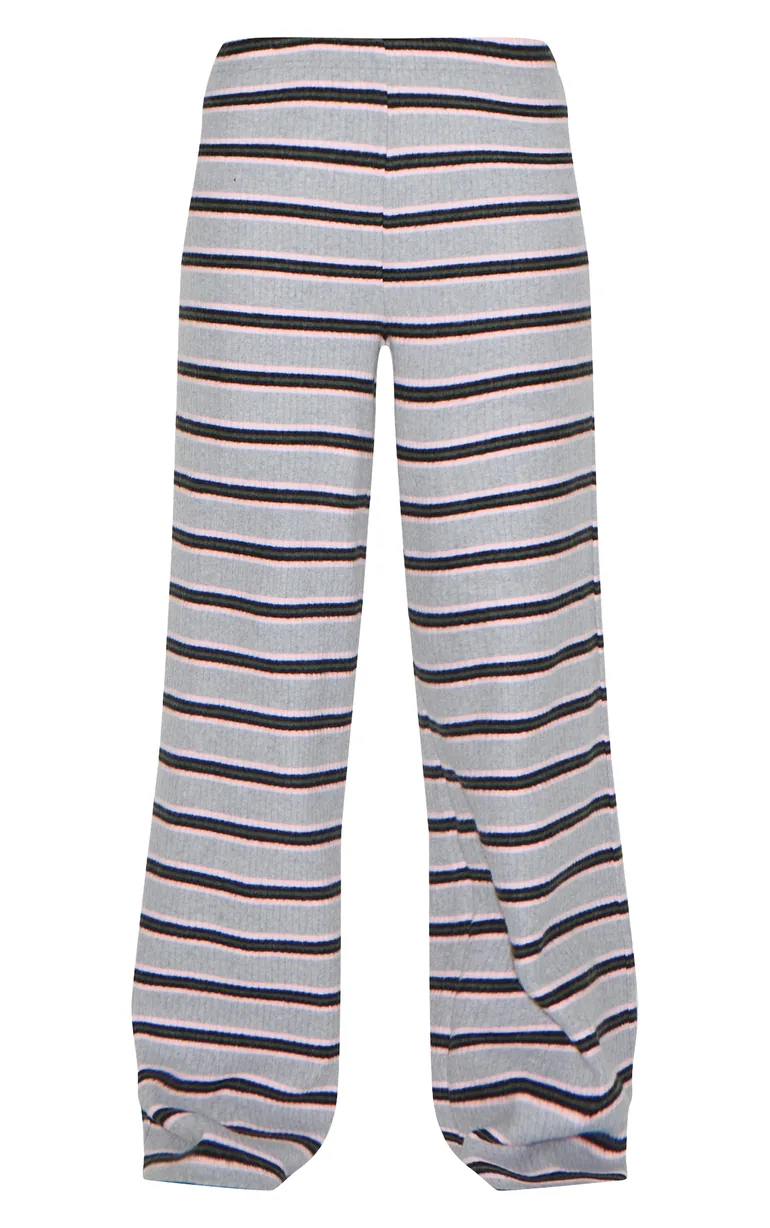 Grey Brushed Rib Striped Mid Rise Wide Leg Trousers - 4