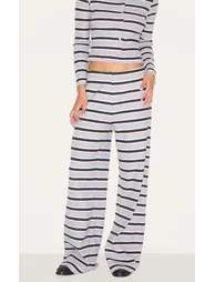 Grey Brushed Rib Striped Mid Rise Wide Leg Trousers - 1