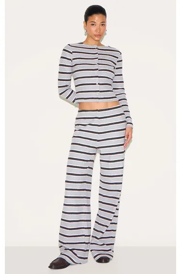 Grey Brushed Rib Striped Mid Rise Wide Leg Trousers