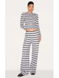 Grey Brushed Rib Striped Mid Rise Wide Leg Trousers