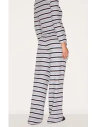 Grey Brushed Rib Striped Mid Rise Wide Leg Trousers - 2