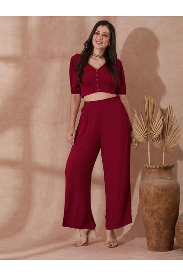 Red Button Detail Crop Top and Wide Leg Trousers Co-Ords