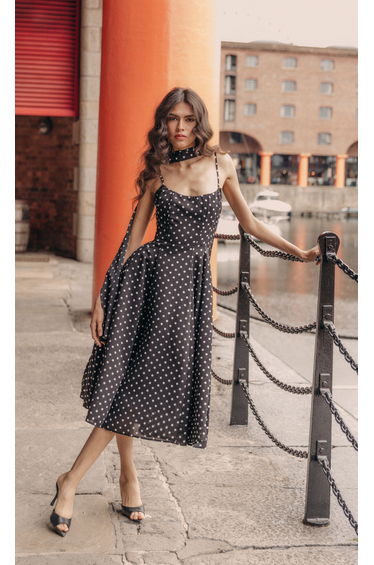 Black Polka Dot Scarf Midi Dress