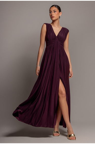 Gathered Shoulder Wrap Neck Draped Waist Maxi Dress - Burgundy by Goddiva