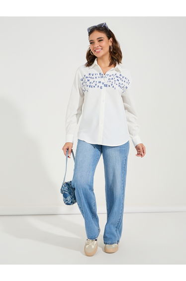 Slogan Print Buttoned Oversized Shirt