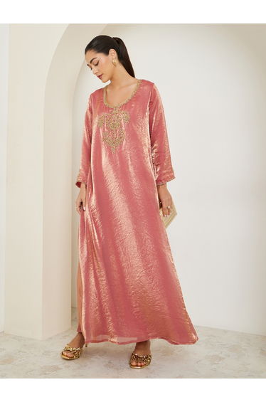 Peach A-Line Jalabiya with Gold Embroidery