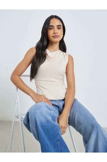 Women Cream Gathered Waist Sleeveless Top