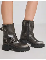 Chunky Buckle Ankle Biker Boot Wide - 1