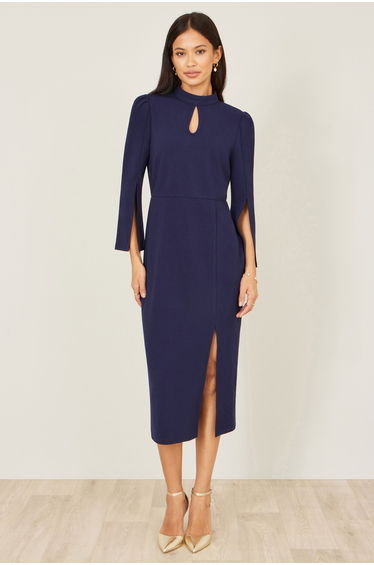 Yumi Navy Fitted Midi Dress With Flute Sleeves