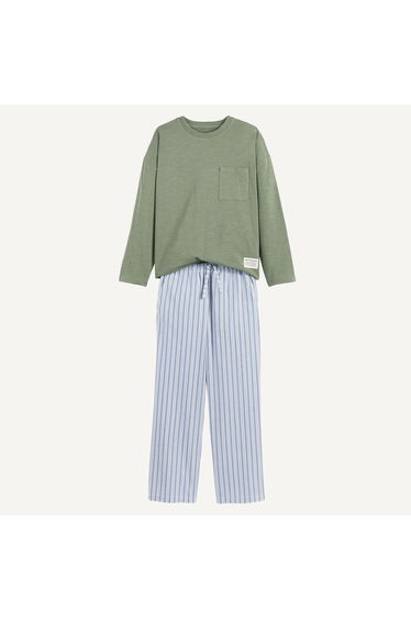 Cotton Pyjamas: Plain T-Shirt and Striped Trousers