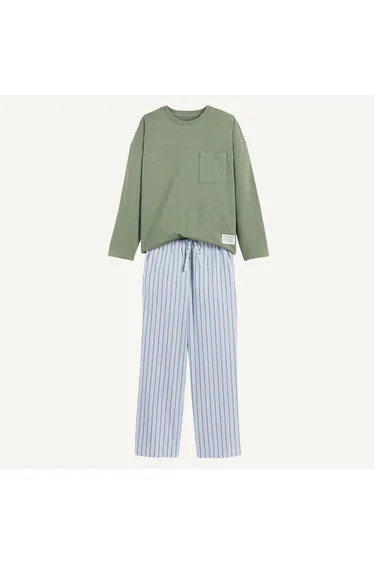 Cotton Pyjamas: Plain T-Shirt and Striped Trousers