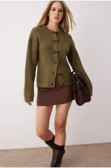 Khaki Soft Texture Button Detailed Knitwear Cardigan