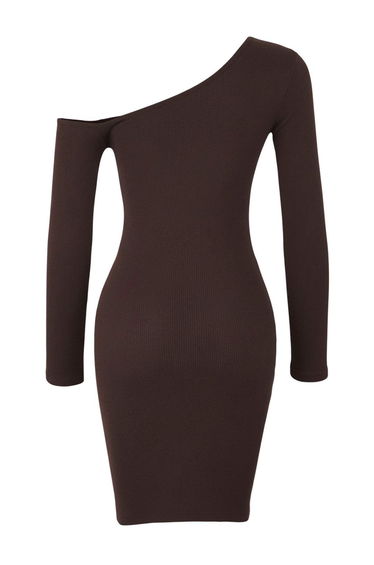 Brown Body-Styling Asymmetrical Collar Mini Ribbed Flexible Knitted Pencil Dress