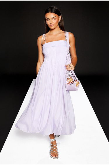 Runway Tie Strap Pleat Detail Midi Dress