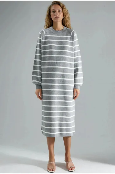MY FASHION Long Sleeve Striped Ribbed Knit Dress