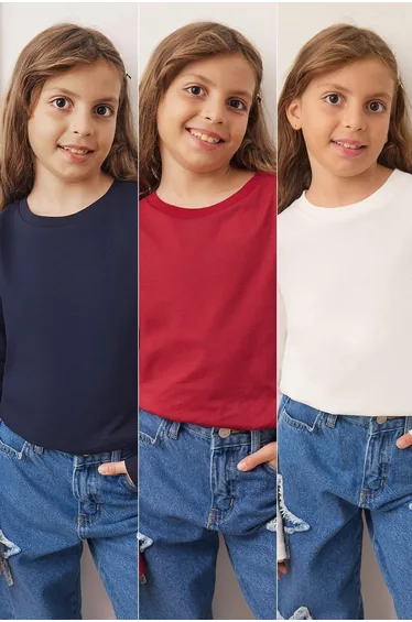 Navy Blue-Burgundy-Ecru 3-Pack Unisex Child 100% Cotton Plain Regular Long Sleeve Knitted T-Shirt