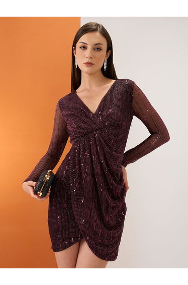 Maroon Wrap V-Neck Embellished Tulip Hem Mini Dress