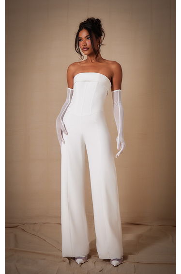White Premium Woven Bandeau Wide Leg Jumpsuit