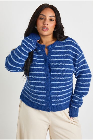 Plus Button Down Stripe Cardigan - navy