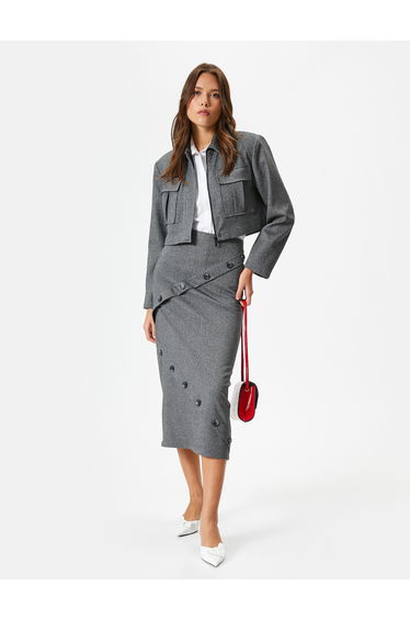 Medium Rise Buttoned Midi Pencil Skirt
