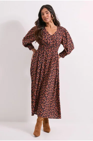 Petite Shirred Detail Blouson Sleeve Midi Dress