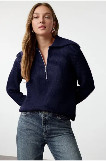 Navy Blue Wool Wide Pattern Turn-down Collar Zippered Knitwear Sweater