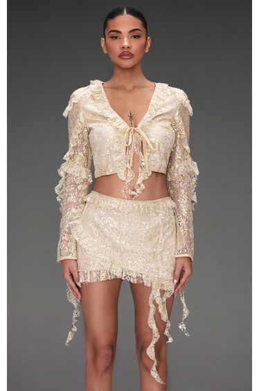 Champagne Sequin Lace Ruffle Detail Tie Front Blouse