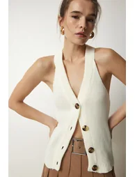 Women's Ecru Halterneck Buttons Knitwear Vest - 1