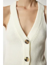 Women's Ecru Halterneck Buttons Knitwear Vest - 5