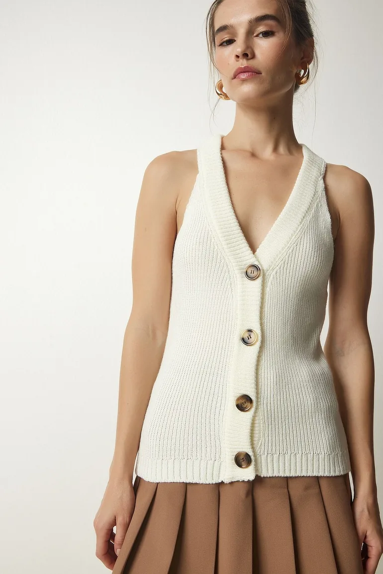 Women's Ecru Halterneck Buttons Knitwear Vest - 3