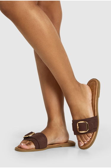 Wide Fit Oversized Buckle Sandals - chocolate
