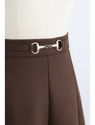Horsebit Waist Seam Detail Flare Skirt in Brown - 2
