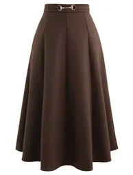Horsebit Waist Seam Detail Flare Skirt in Brown